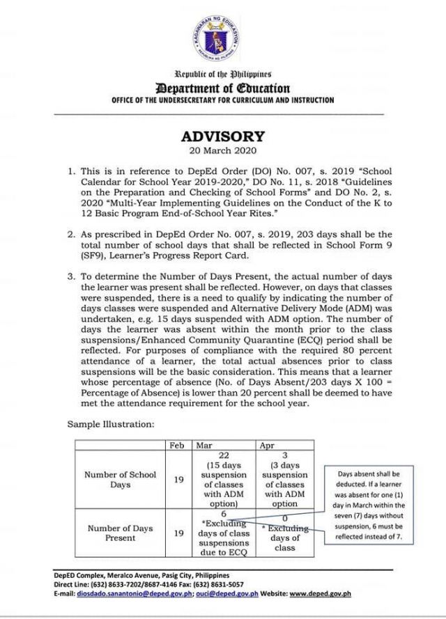 Advisory on the official number of schooldays